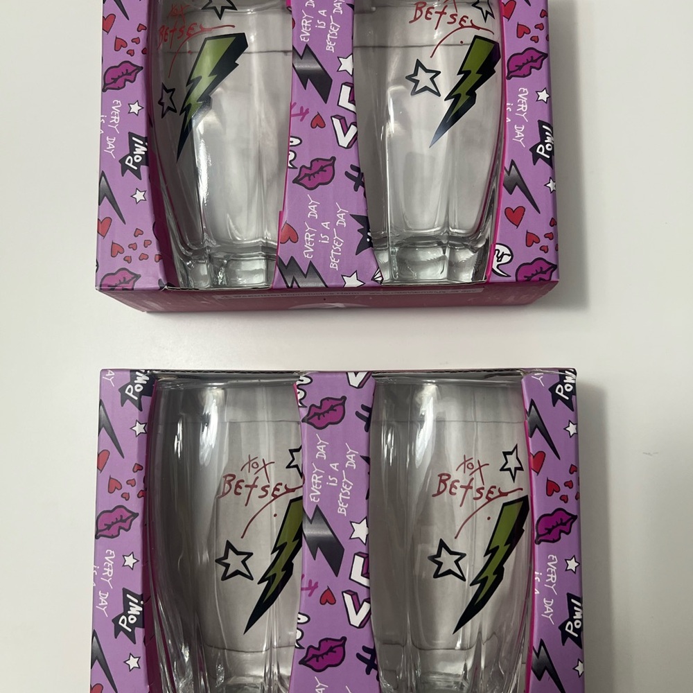 Betsey Johnson Lightning Bolt Glasses with Purple and Black Accents set 4